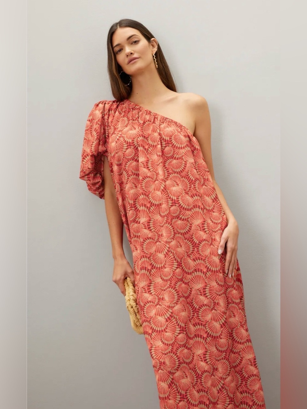 Valeria Dress LoboRosa One-Shoulder Coral Print Maxi Dress size Medium.